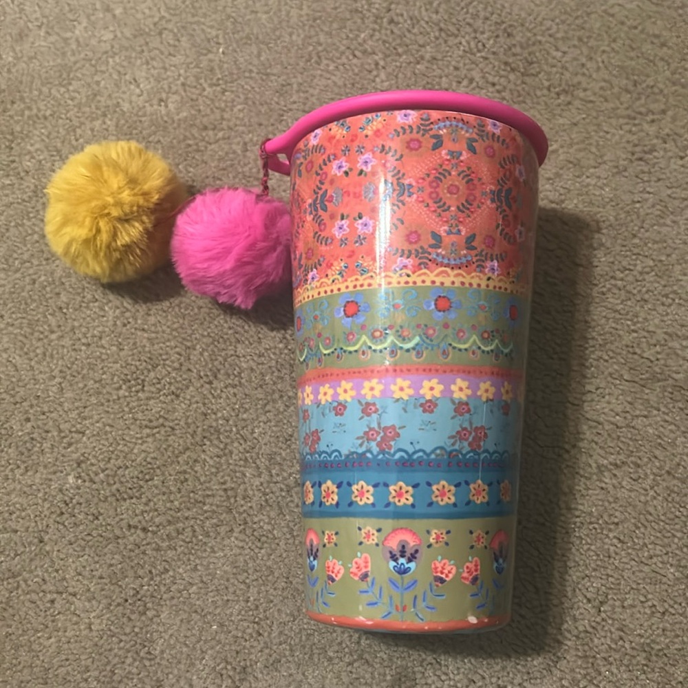 Natural Life Tumbler Orange Borders Stainless Steel Pom-Pom 15 oz.